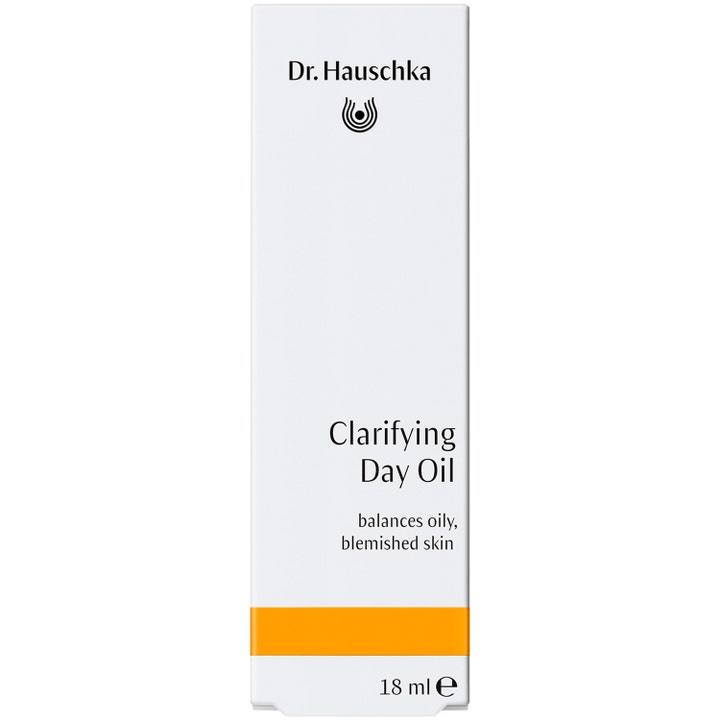 Dr. Hauschka Clarifying Day Oil 18 ml ansigtsolie til uren hud i hvid æske med orange stribe