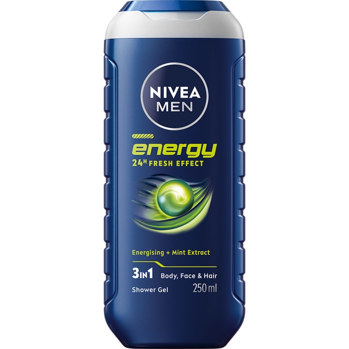 Nivea Men Energy 250 ml 3-i-1 showergel giver energi med mintekstrakt i mørkeblå flaske med limegrønne detaljer
