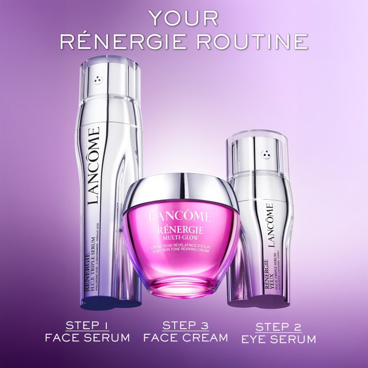 Lancôme Rénergie Multi-Glow 50 ml dagcreme i en tre-trins hudplejerutine med ansigtsserum og øjenserum.