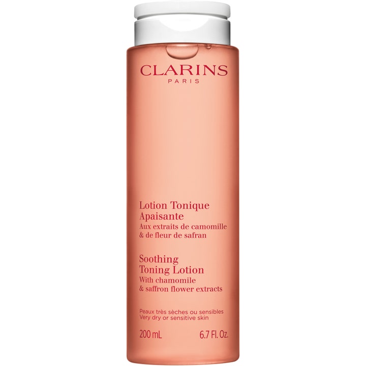 Clarins Soothing Toning Lotion 200 ml beroligende skintonic med kamille i en ferskenfarvet flaske med hvidt låg