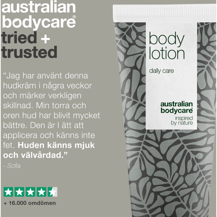 Australian Bodycare Body Lotion 200 ml mod tør og uren hud vist i mønstret tube ved siden af en anmeldelse.