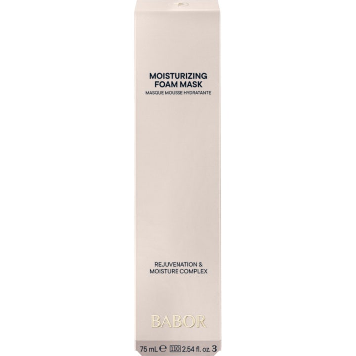 Babor Skinovage Moisturizing Foam Mask giver intens fugt i en hvid sprayflaske med blå tekst og minimalistisk design.