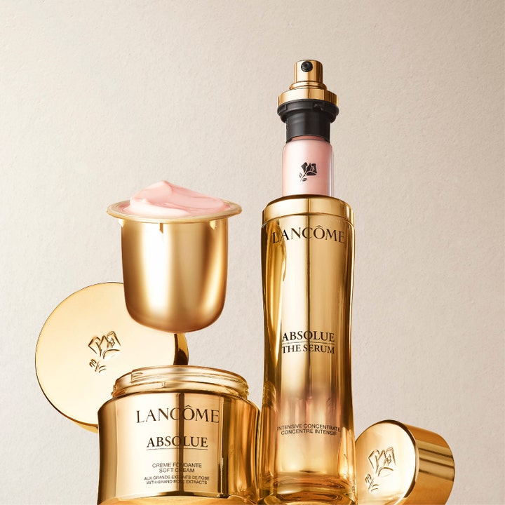 Lancôme Absolue The Serum 30 ml genoplivende serum i guldbeholder med matchende creme og pink tekstur