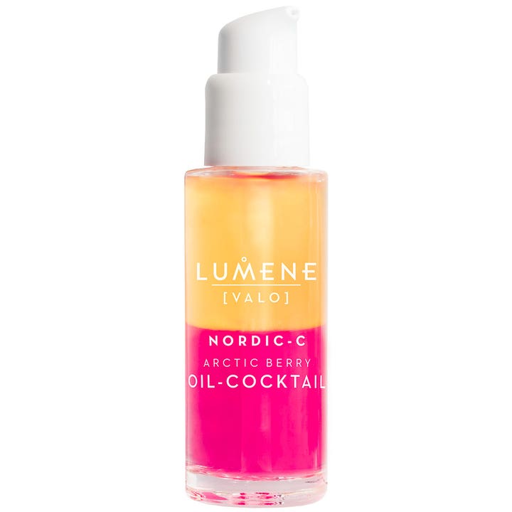 Lumene Nordic-C Arctic Berry Oil-Cocktail ansigtsolie giver glød med sin tofarvede gule og lyserøde olie i klar flaske
