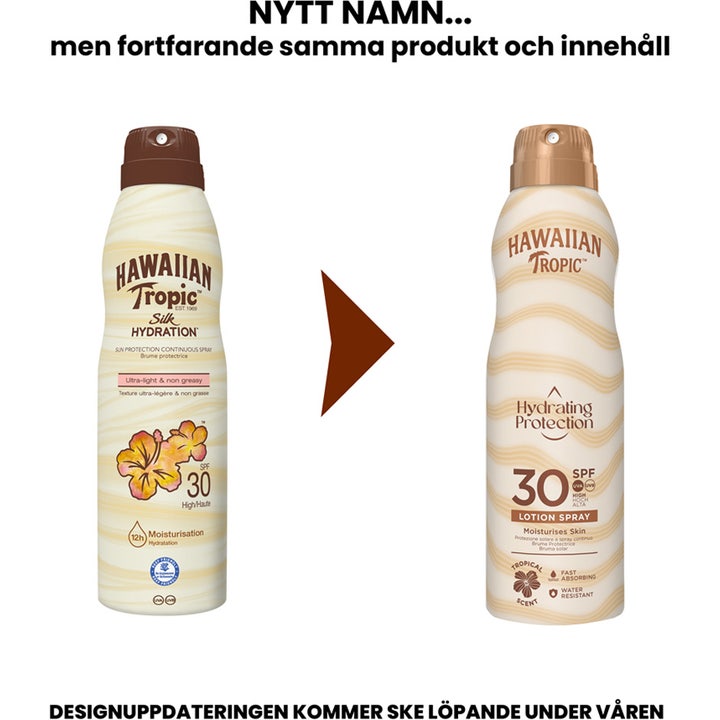 Hawaiian Tropic Hydrating Protection Lotion Spray SPF 30 177 ml fugtgivende solcreme med nyt og gammelt design