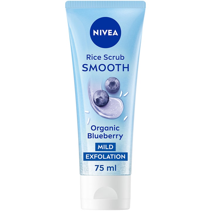 Nivea Rice Scrub Smooth 75 ml eksfolierende ansigtsscrub i lyseblå tube med økologiske blåbær og ris korn