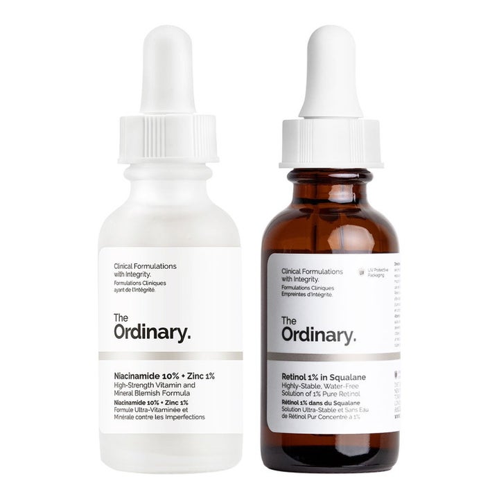 The Ordinary Niacinamide og Retinol 30 ml ansigtsserum mod urenheder i hvid og brun glasflaske med pipette.