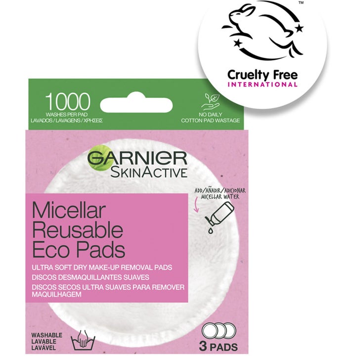 Garnier Micellar Reusable Eco Pads 3 stk ansigtsrens i lyserød pakke med Cruelty Free logo