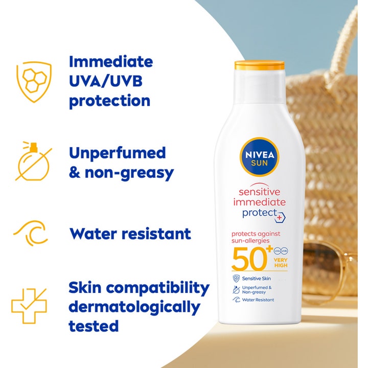 NIVEA Sun Sensitive Immediate Protect 200 ml solcreme med SPF 50 i hvid flaske med fordele oplistet