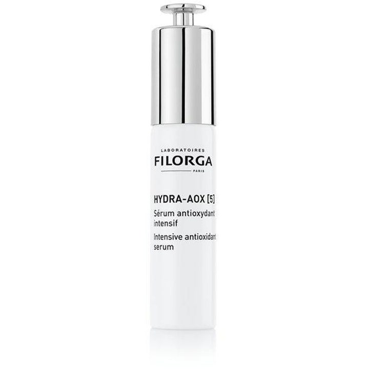 Filorga HYDRA-AOX [5] 30 ml intensivt antioxidant serum i en hvid flaske med elegant sølvfarvet pumpe