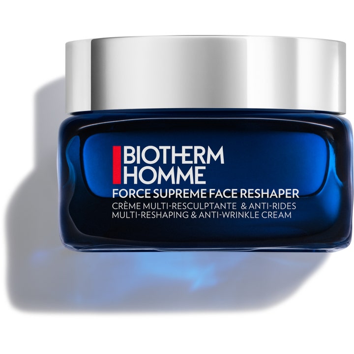 Biotherm Homme Force Supreme Face Reshaper anti-age ansigtscreme i en mørkeblå glaskrukke med sølvlåg