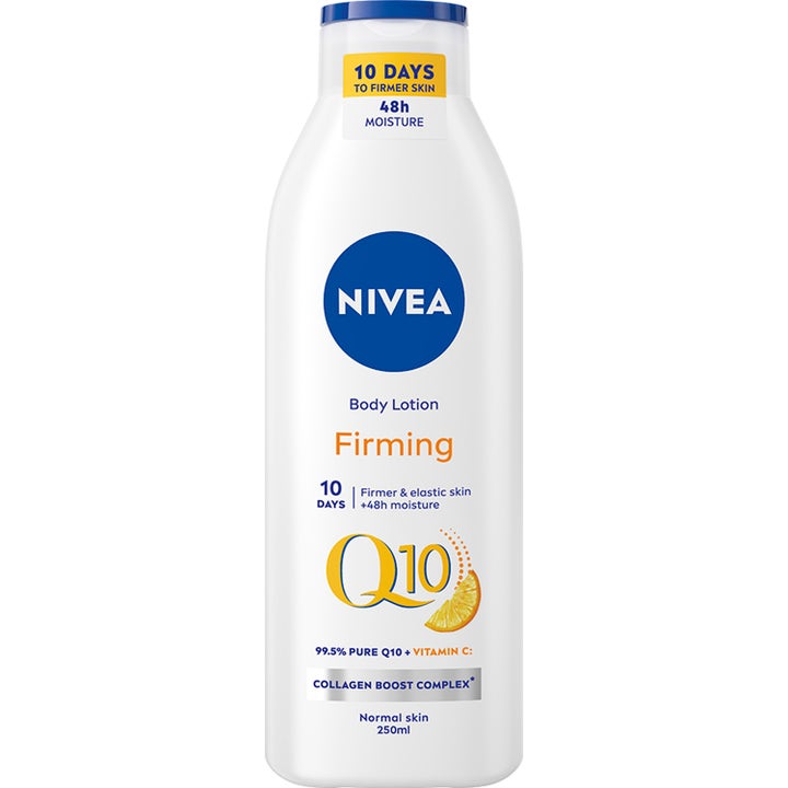 Nivea Q10 Firming Body Lotion 250ml opstrammende kropspleje i hvid plastflaske med blåt låg