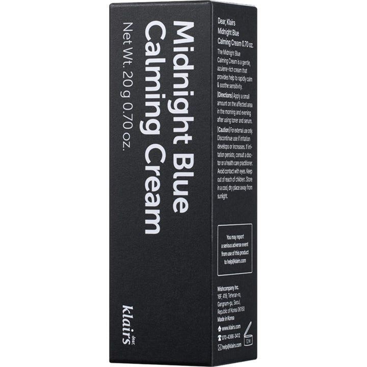 Klairs Midnight Blue Calming Cream 20 g beroligende spot treatment i en sort papæske med hvid tekst