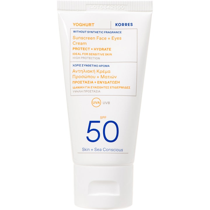 Korres Yoghurt Sunscreen Face + Eyes Cream SPF 50 fugtgivende solcreme i hvid plasttube med blå og orange tekst.