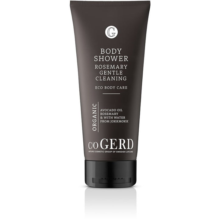 C/O GERD Body Shower Rosemary økologisk showergel til mild rens i en stilren mørkebrun tube med sort vippelåg