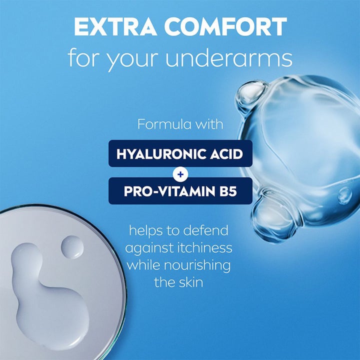 NIVEA Derma Control Defend Roll On 50 ml med hyaluronsyre og B5 vist med vanddråber på blå baggrund.