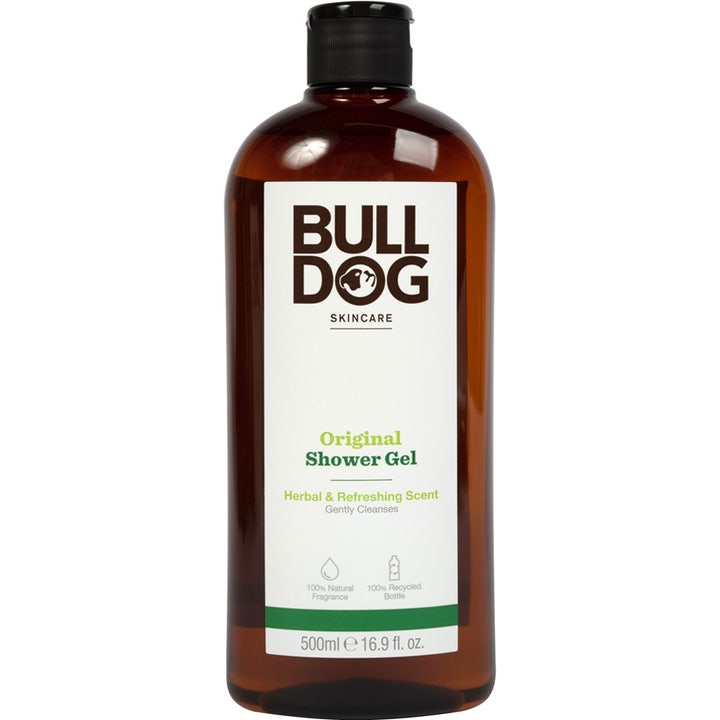 Bulldog Original Shower Gel 500ml opfriskende kropsvask med urteduft i en brun genanvendt flaske med hvid label.