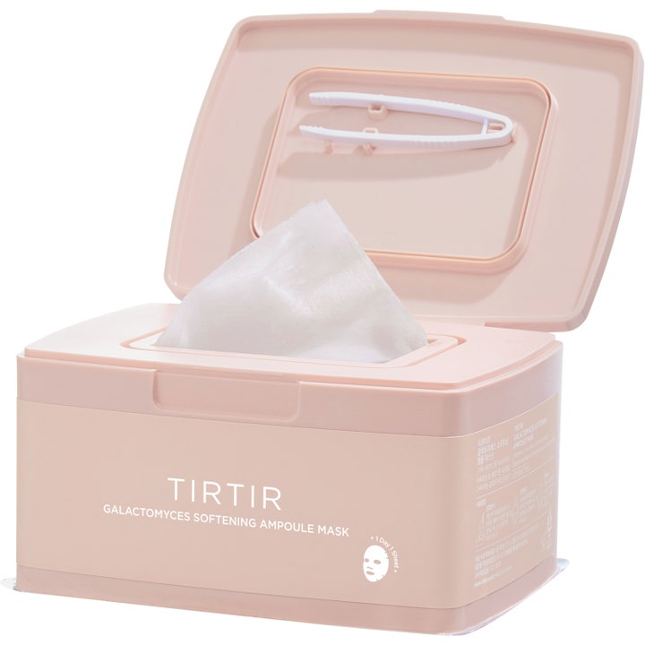 TIRTIR Galactomyces Softening Ampoule Mask 30 stk blødgørende sheet masks i lyserød boks med hvid pincet