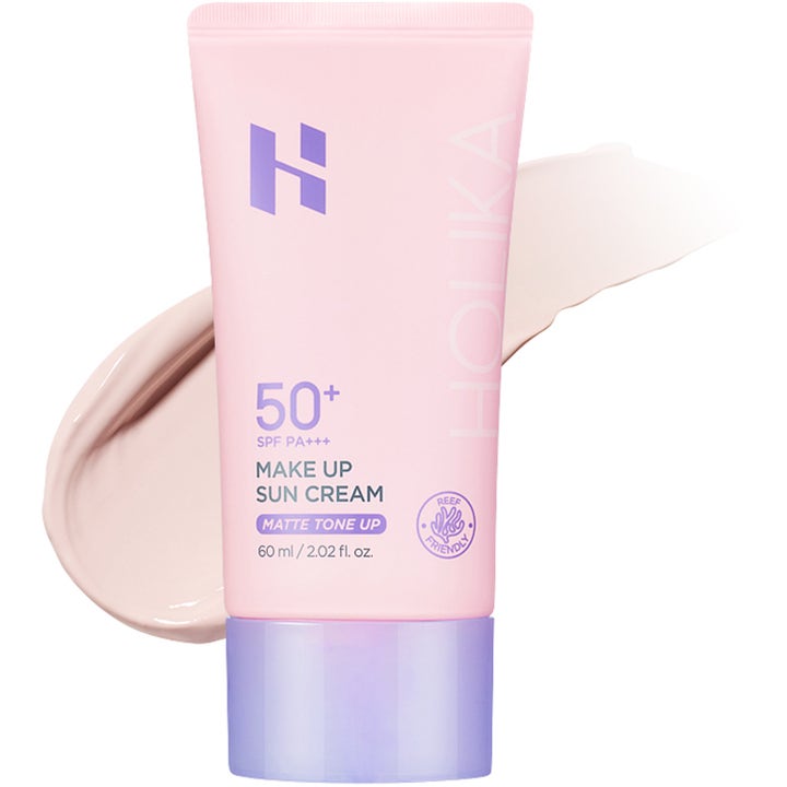 Holika Holika Make Up Sun Cream Matte Tone Up 60 ml mattende solcreme i lyserød tube med cremet tekstur bagved.