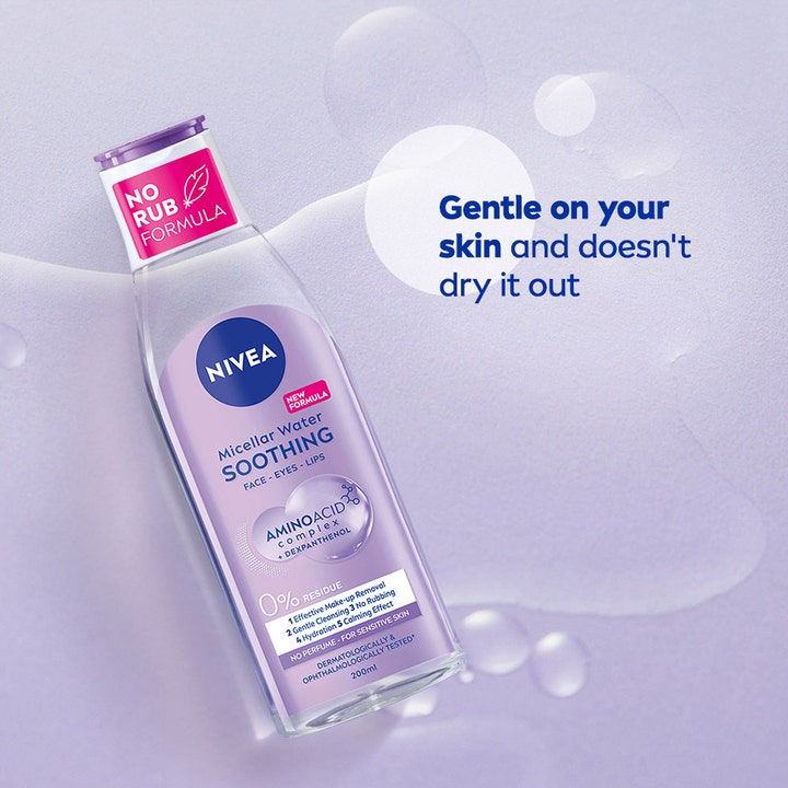 NIVEA Micellar Water Soothing 200 ml beroligende makeupfjerner i klar flaske med lilla låg og No Rub-mærke.