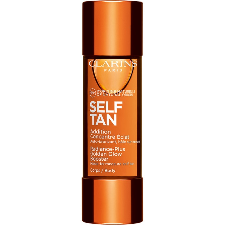 Clarins Self Tan Radiance-Plus Golden Glow Booster til krop giver glød i en ravfarvet gennemsigtig flaske