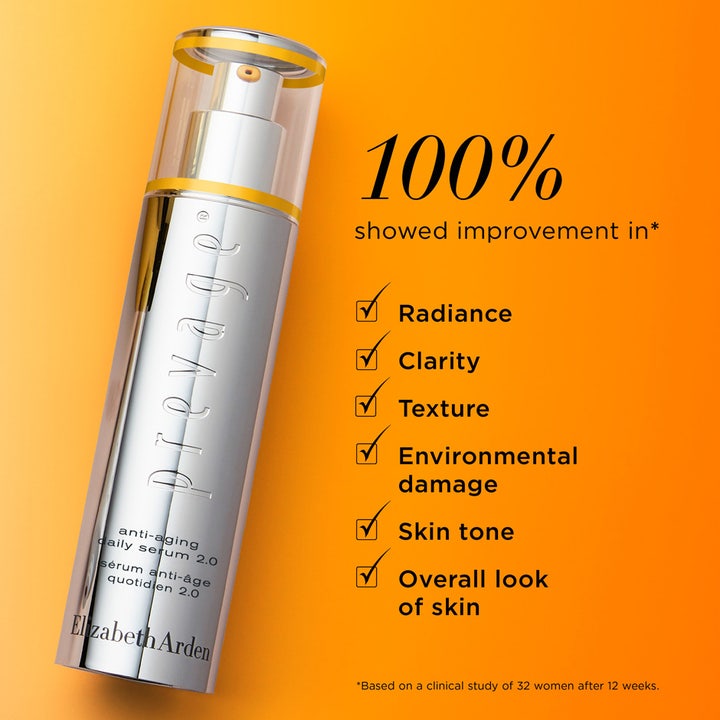 Elizabeth Arden Prevage Anti-aging Daily Serum 2.0 50 ml i sølvflaske med tekst om 100% forbedret glød.