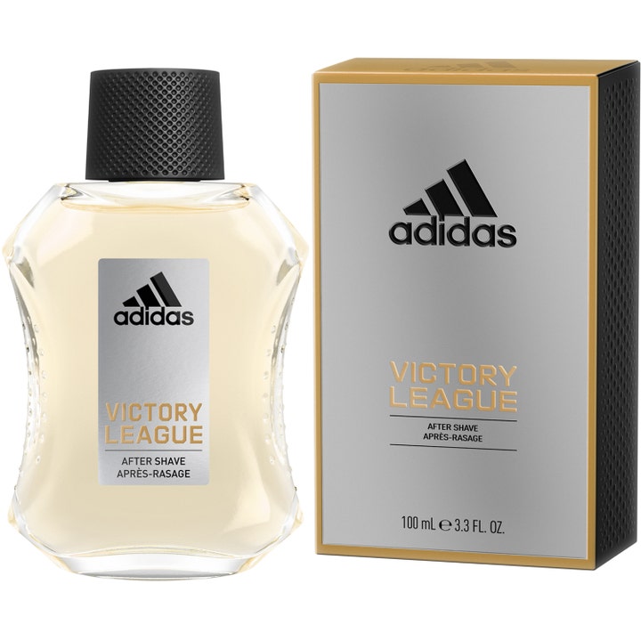 Adidas Victory League 100 ml after shave beroliger huden i buet glasflaske med sort låg og sølvfarvet æske.
