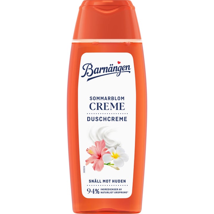Barnängen Sommarblom Creme Duschcreme plejende kropspleje i orange plastflaske med hvide og lyserøde blomster.