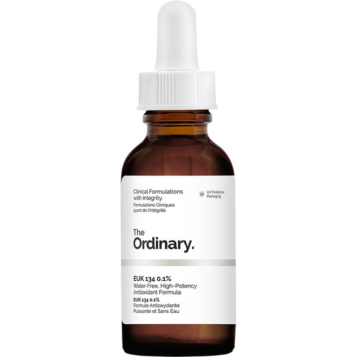 The Ordinary EUK 134 0.1% 30 ml beskyttende ansigtsserum i mørk glasflaske med hvid pipette