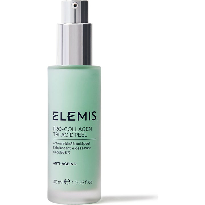 Elemis Pro-Collagen Tri-Acid Peel 30 ml eksfolierende peeling mod rynker i frostet glasflaske med sølvpumpe.