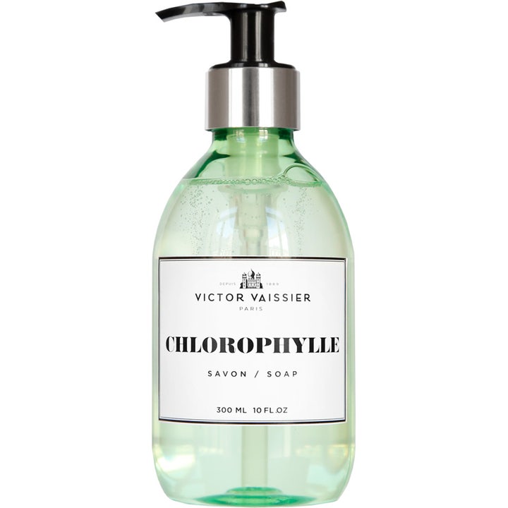 Victor Vaissier Chlorophylle 300 ml opfriskende håndsæbe i klar plastflaske med lysegrøn sæbe og sølvdetaljer