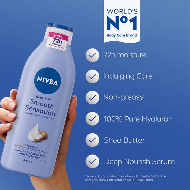 NIVEA Smooth Caring Lotion 250 ml kropspleje med shea butter og 72h fugt i lyseblå flaske med infografik.