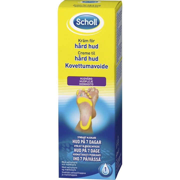 Scholl Creme til hård hud 60ml blødgørende fodcreme i gul og blå papæske med illustration af en fod