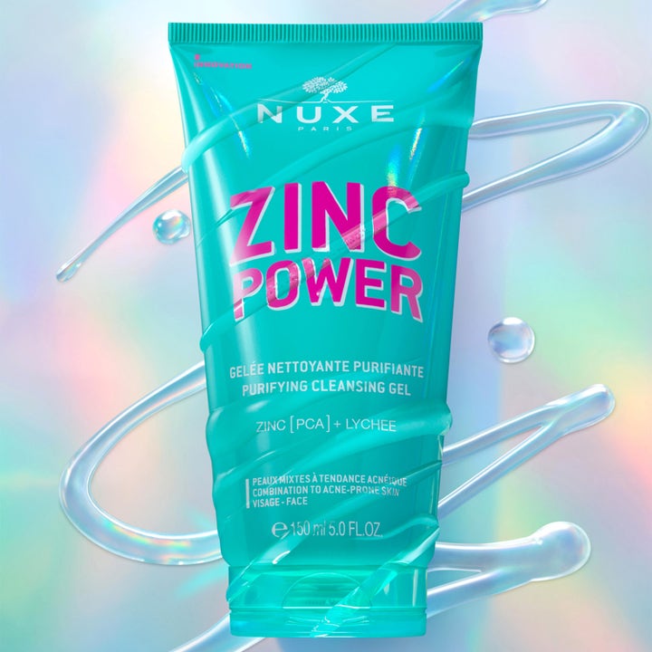 Nuxe Zinc Power Purifying Cleansing Gel 150 ml rensende ansigtsvask i turkis tube med pink tekst og zink