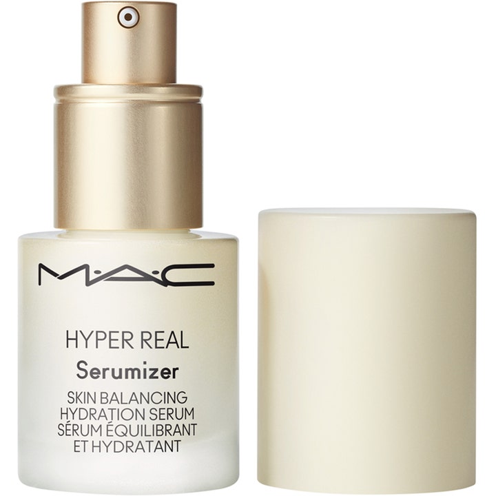 MAC Cosmetics Hyper Real Serumizer 15 ml balancerende serum i glasflaske med guldpumpe.