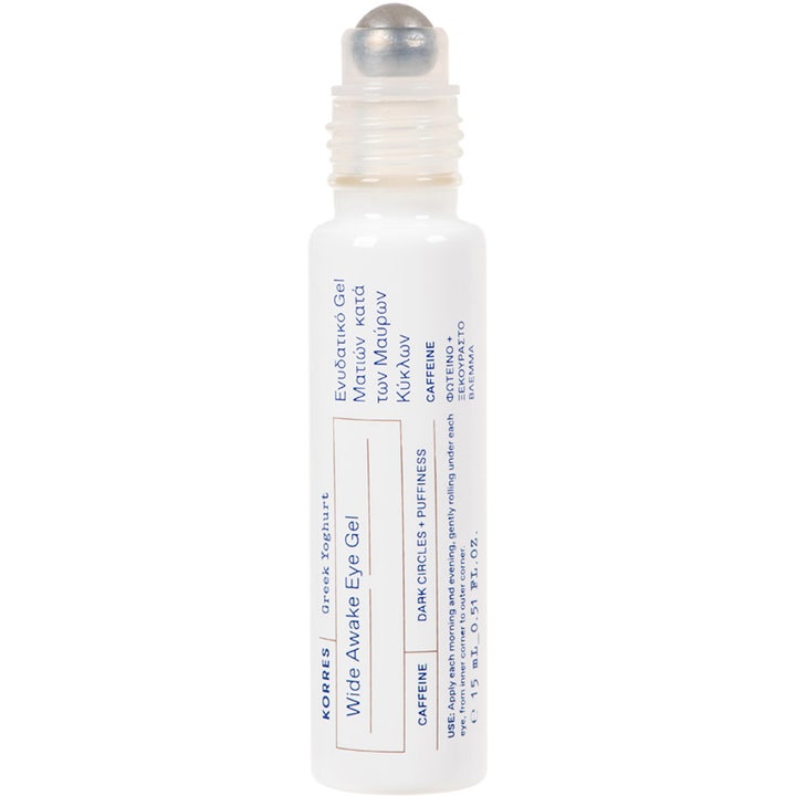Korres Greek Yoghurt Wide Awake Eye Gel 15 ml mod mørke rande i hvid emballage med en kølende roll-on applikator