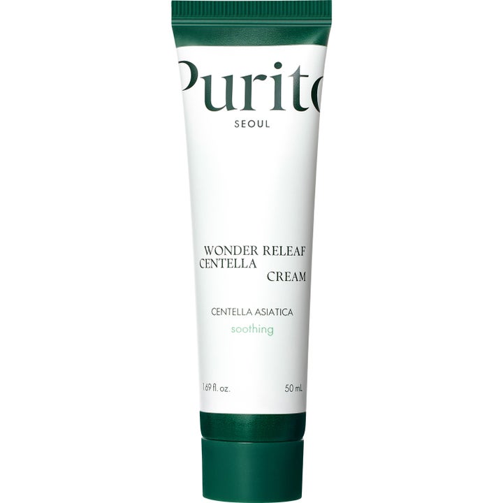 Purito Seoul Wonder Releaf Centella Cream 50 ml beroligende ansigtscreme i hvid tube med mørkegrønt låg.