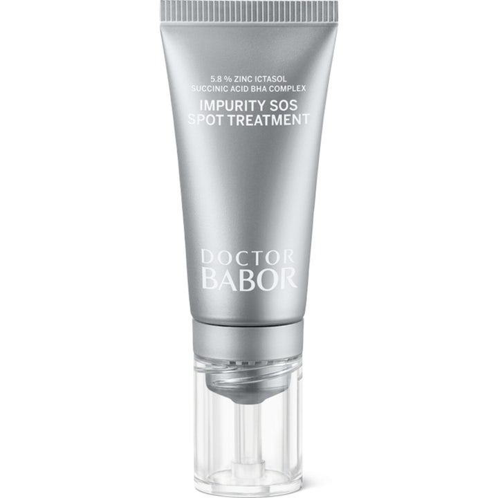 Doctor Babor Impurity SOS Spot Treatment mod urenheder i en sølvfarvet tube med gennemsigtig hætte