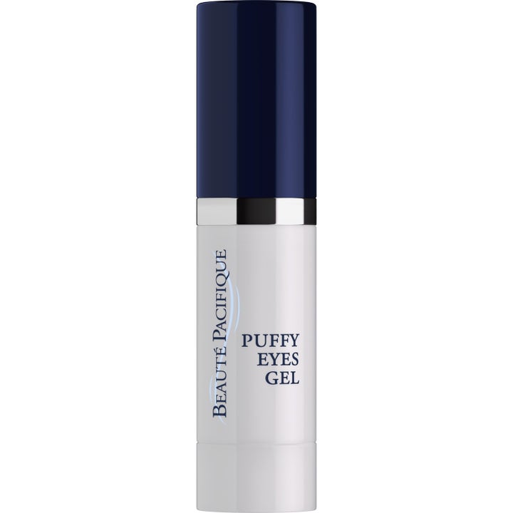 Beauté Pacifique Puffy Eyes Gel 15 ml kølende øjengel i hvid cylinderformet flaske med mørkeblåt låg og sølvring