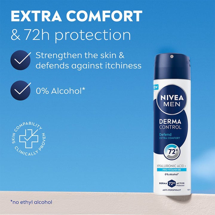 NIVEA MEN Derma Control Defend 150 ml antiperspirant spray mod kløe i blå og hvid flaske med 72 timers beskyttelse.