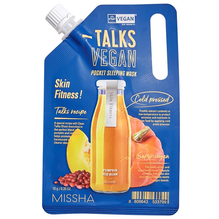 Missha Talks Vegan Pocket Sleeping Mask 10 g ansigtsmaske i blå pose med illustration af græskar og bønner.