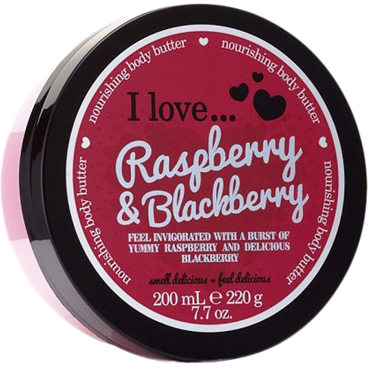 I Love... Raspberry & Blackberry 200 ml nærende body butter i krukke med bær-nuancer og sort låg.