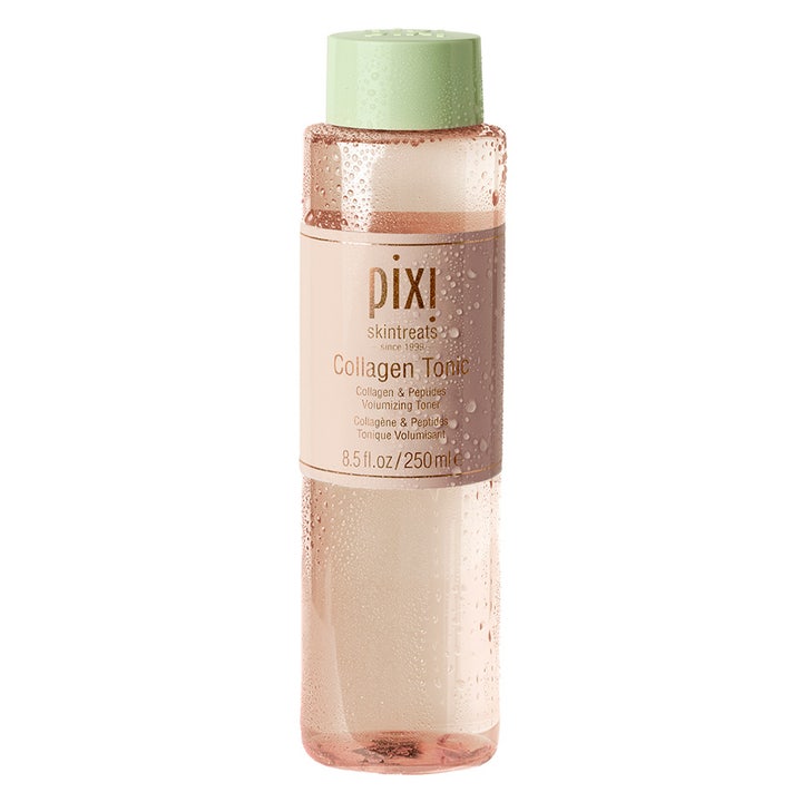 Pixi Collagen Tonic 250 ml opstrammende toner med peptider i klar flaske med dugfriske vanddråber og grønt låg