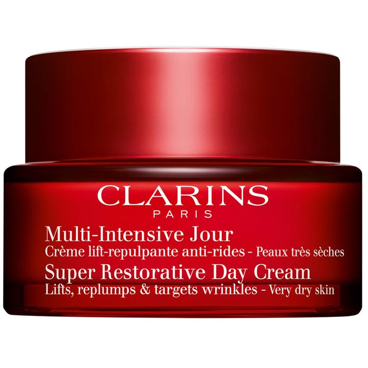 Clarins Multi-Intensive Super Restorative Day Cream løftende dagcreme i en elegant rød glaskrukke med rødt låg