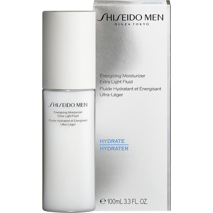 Shiseido Men Energizing Moisturizer Fluid 100 ml energigivende fugtighedscreme i hvid flaske og sølvfarvet æske