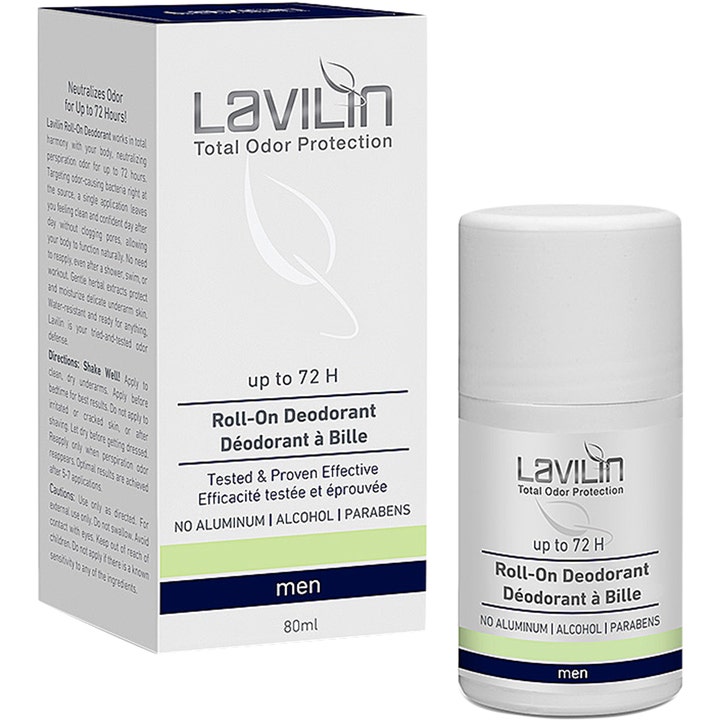 Lavilin Total Odor Protection Roll-On Deodorant 80ml mod lugt i hvid emballage med mørkeblå detaljer