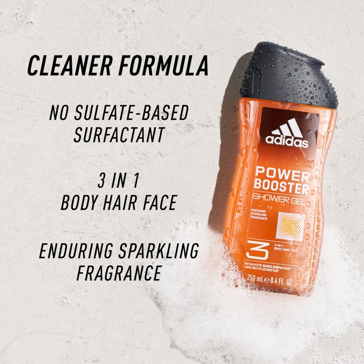 Adidas Adipower Booster 250 ml shower gel til krop og hår i orange flaske omgivet af hvidt skum