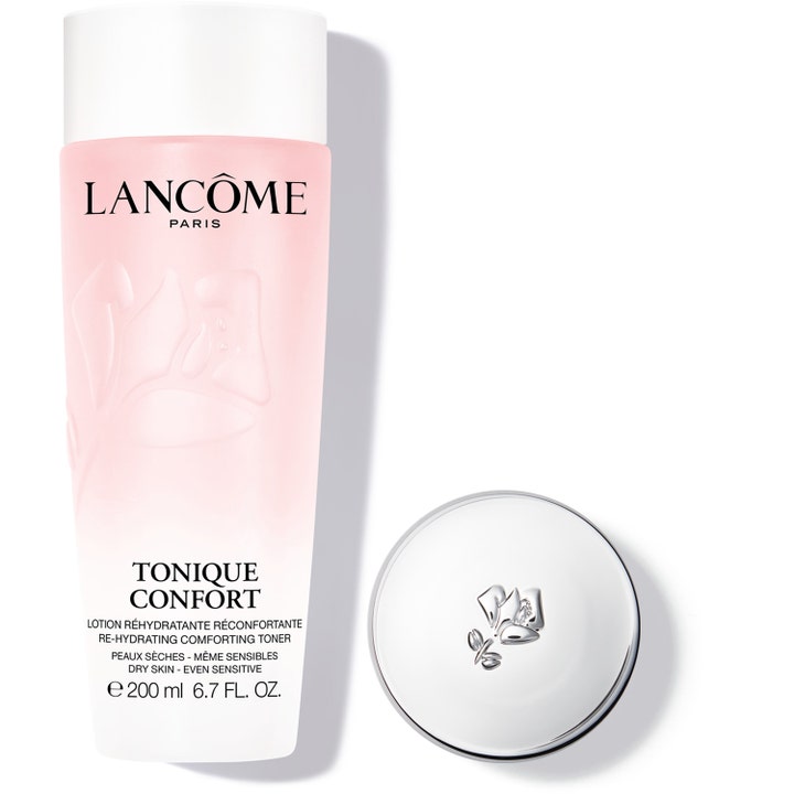 Lancôme Tonique Confort 200 ml beroligende skintonic i en lyserød flaske med hvidt låg og præget rose til tør hud