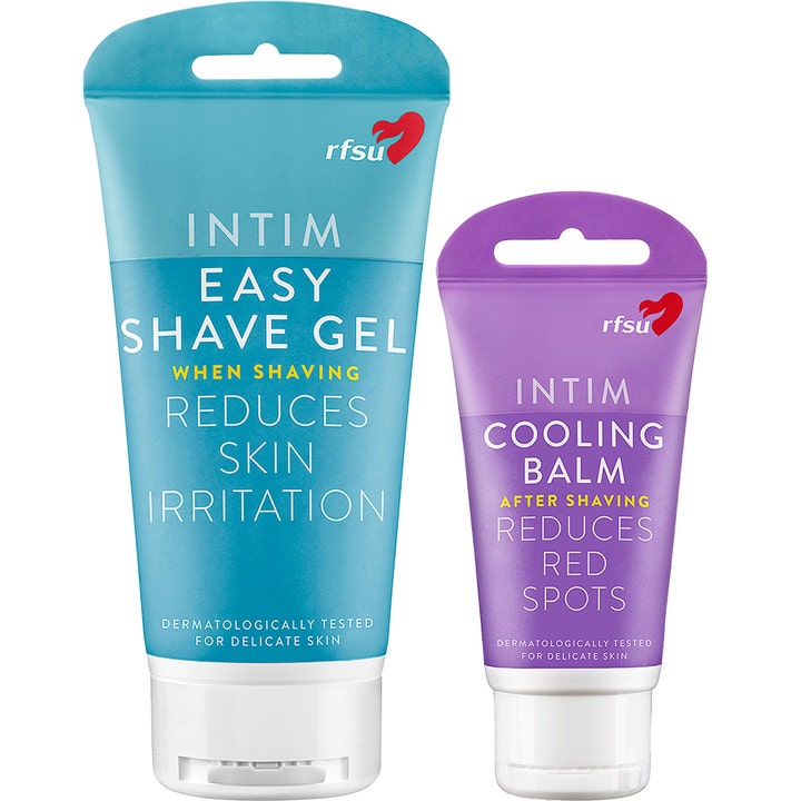 RFSU Intim Easy Shave Gel og Cooling Balm til intimpleje modvirker irritation i en lyseblå og en lilla tube.