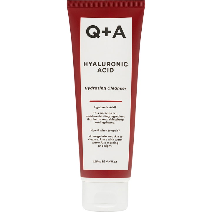 Q+A Hyaluronic Acid Hydrating Cleanser 125ml fugtgivende ansigtsrens i rød tube med hvid etiket og hvidt låg